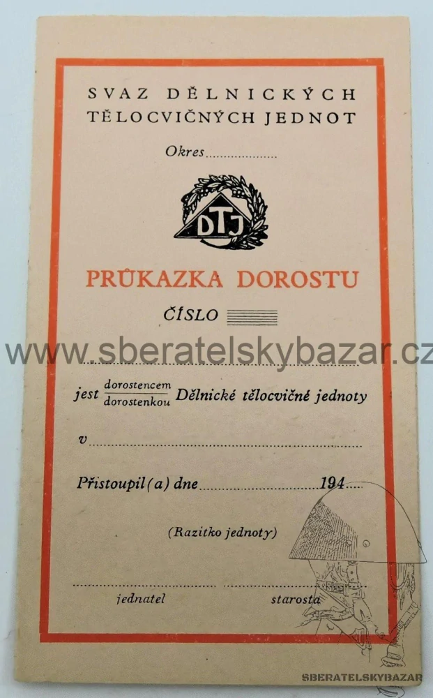 Blanketní průkaz Dělnická tělovýchovná jednota - Protekrorát Čechy a Morava