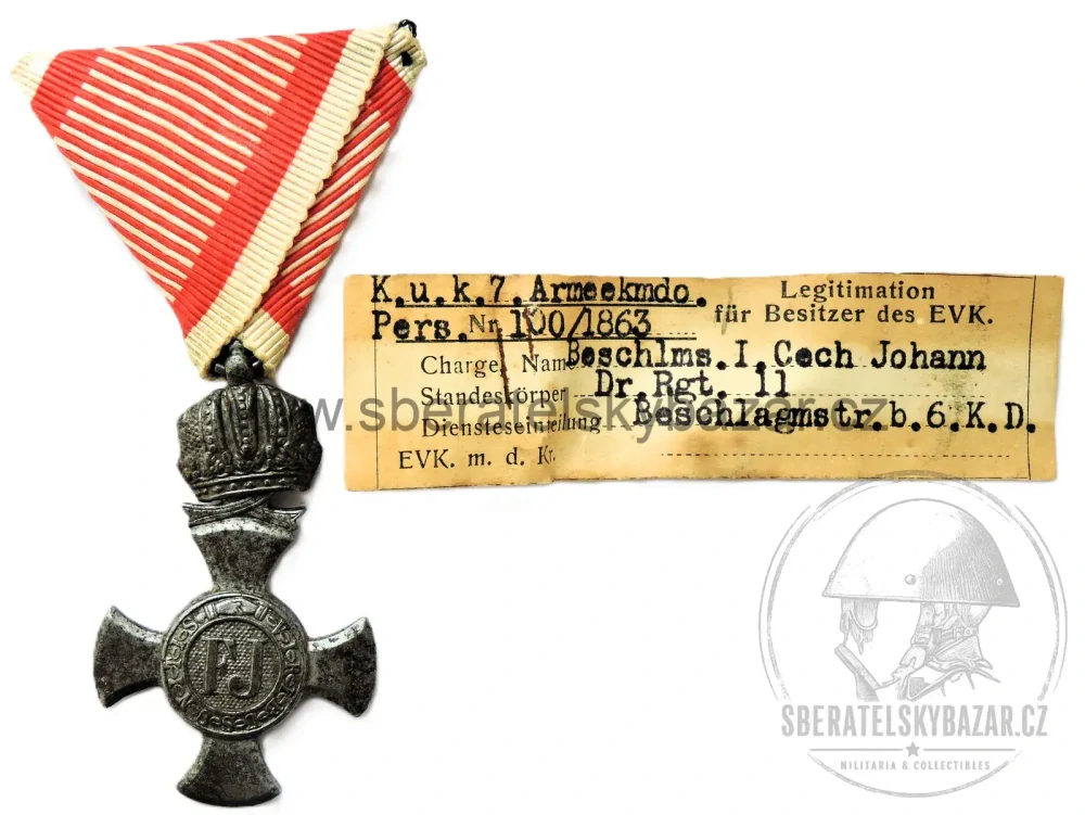 Železný záslužný kříž s korunou 1916 + jmenný legitimační lístek c. a k. Dragounského pluku č. 11 - K.u.K. 7. Armee-Kommando