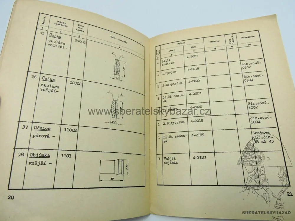 Originál Předpis Katalog součástek pro dalekohled vz 47