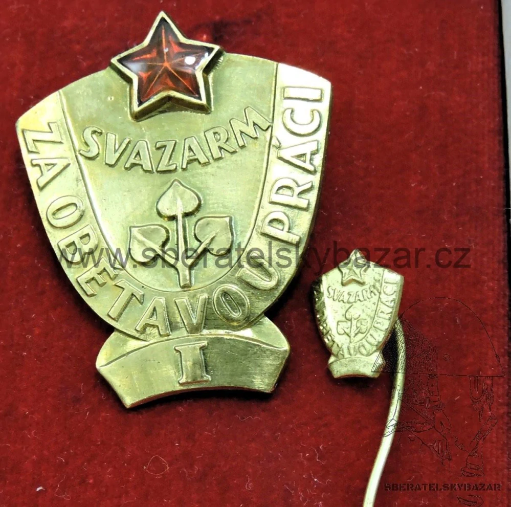 Odznak - SVAZARM ZA OBĚTAVOU PRÁCI - I Zlatý - v krabičce s miniaturou