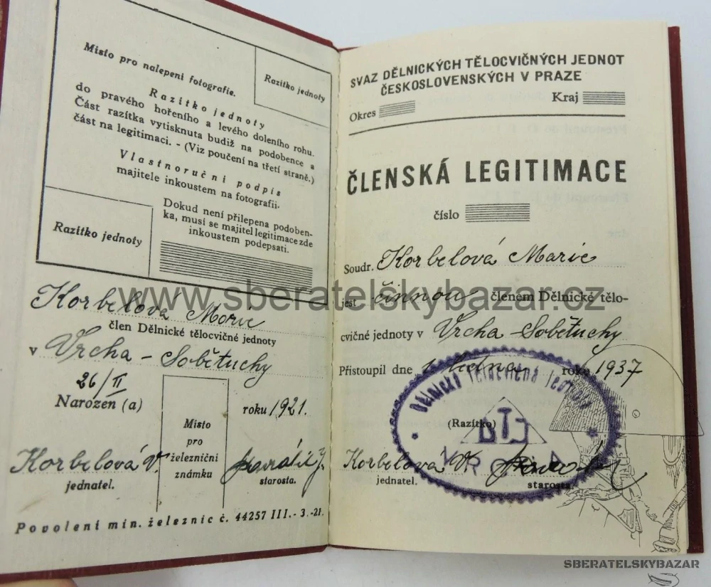 Průkazka Dělnická tělocvičná jednota - První republika