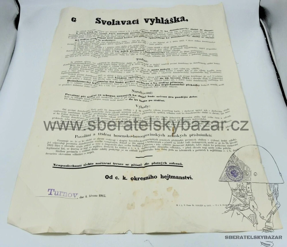 Svolavácí vyhláška vojsko RU 1915 - Turnov - Originál