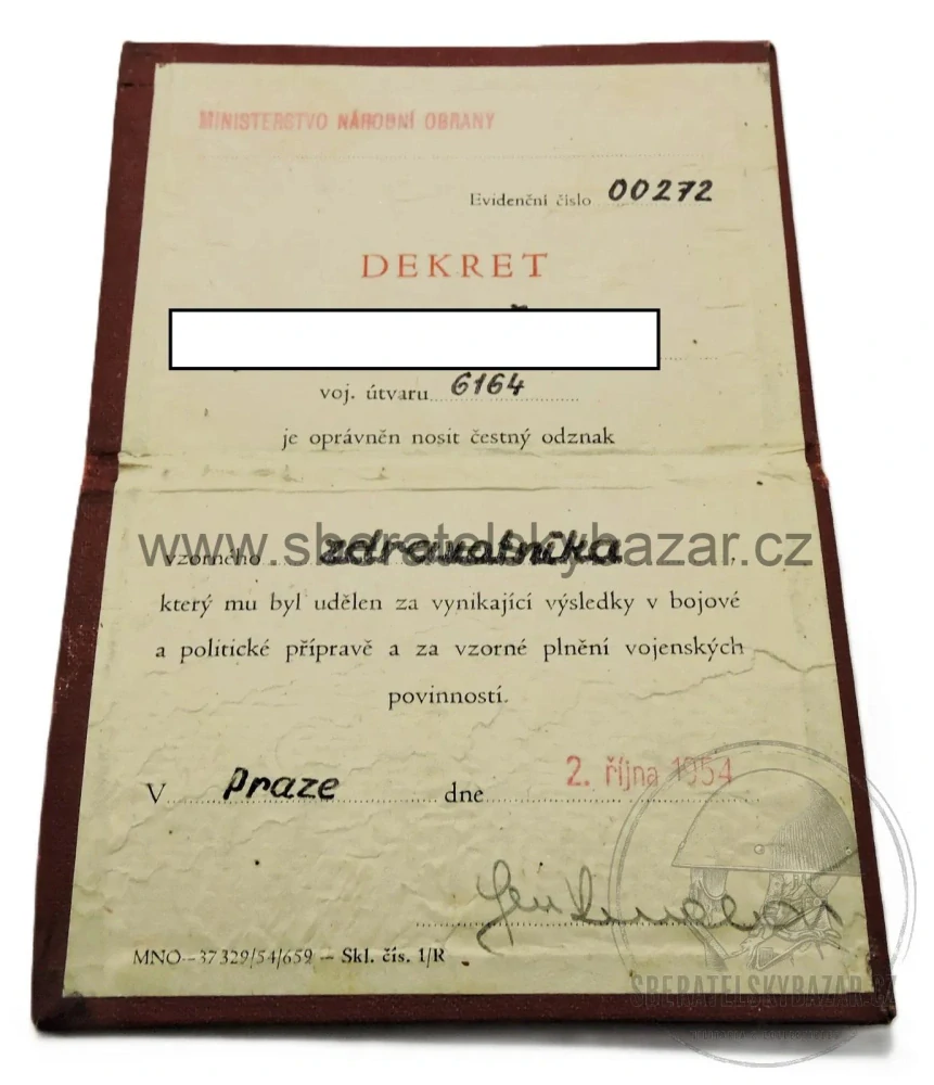ČSLA – dekret „Vzorný zdravotník“ 1954 