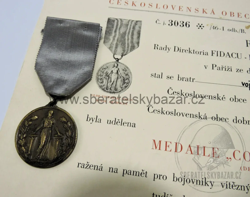 Pamětní medaile FIDAC 1918–1919 s udělovacím dekretem (1937)