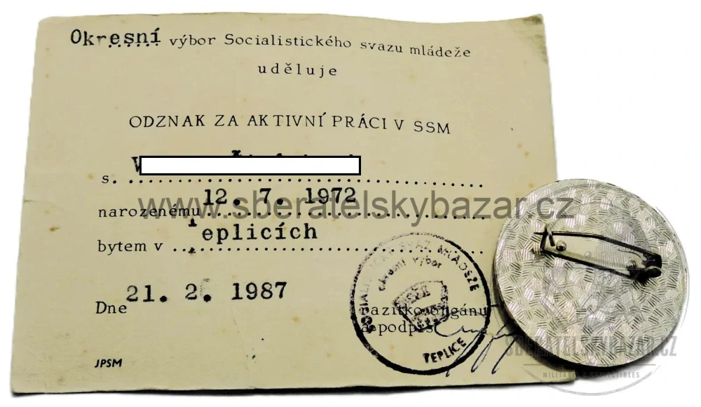 SSM ČSSR – Odznak za aktivní práci v SSM s průkazem 