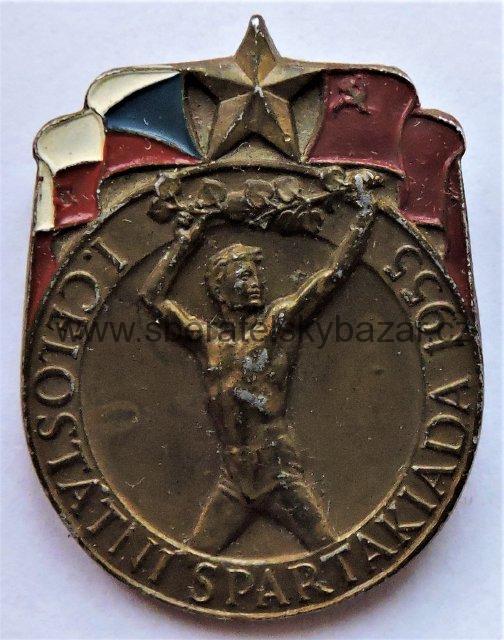 Odznak - I.CELOSTATNÍ spartakiáda 1955 velký na sponu Zlatý