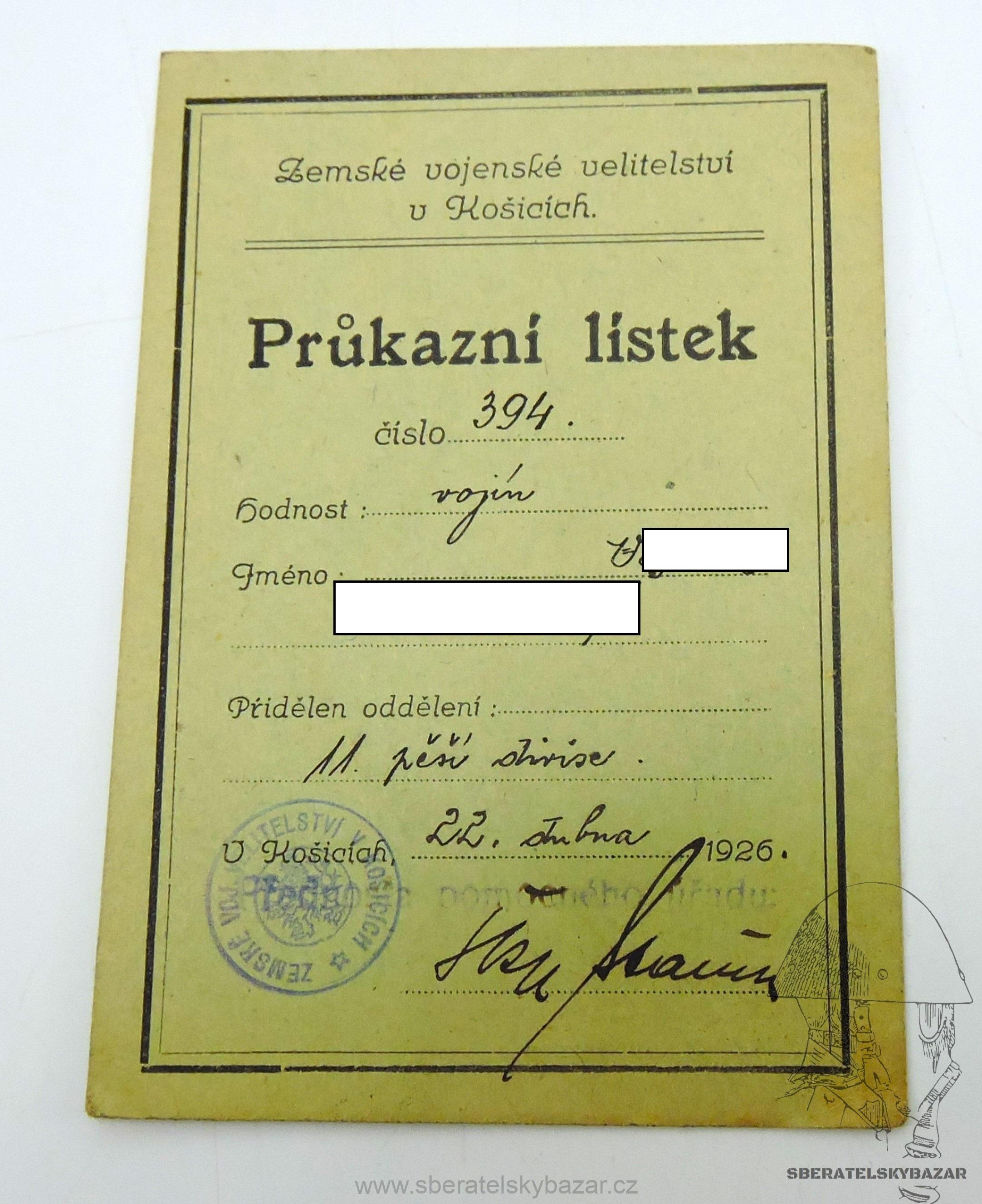 Průkazní lístek 11. pěší divise - Zemské vel. Košice