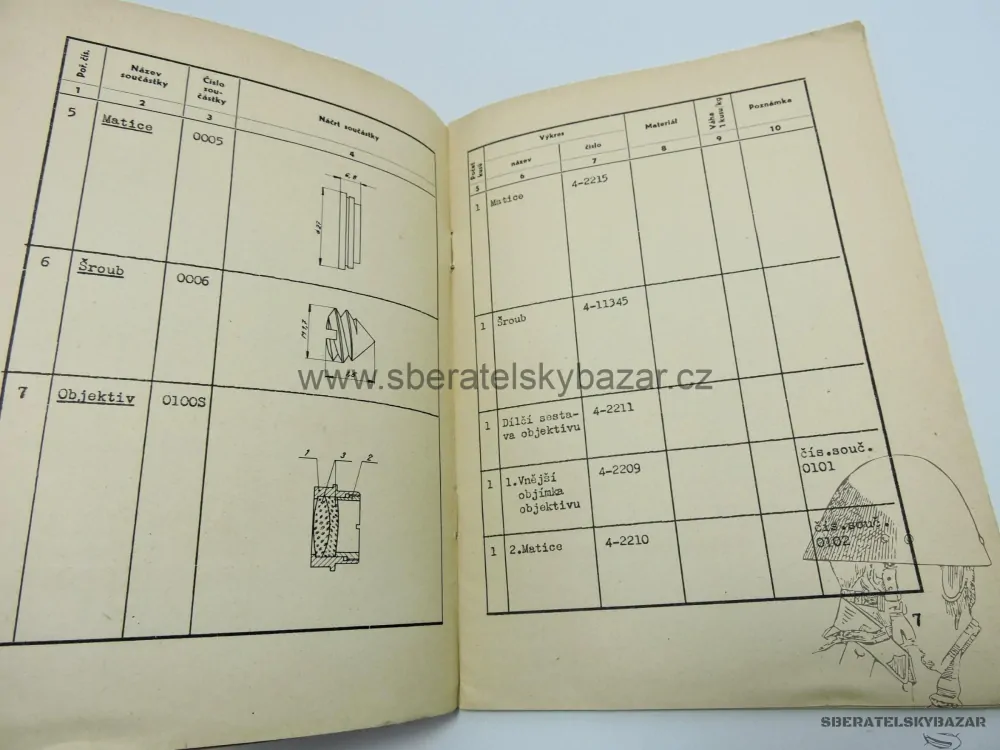 Originál Předpis Katalog součástek pro dalekohled vz 47