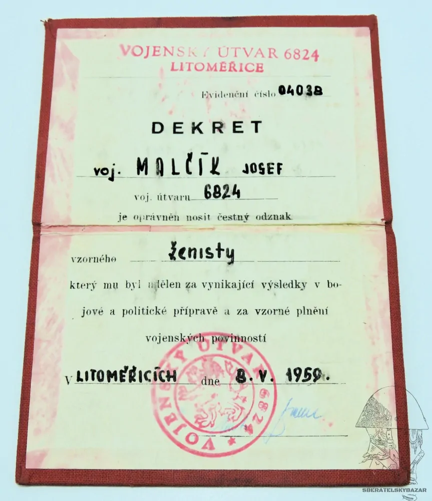 Dekret Vzorný Ženista - Vojenská knížka - stejné jméno 