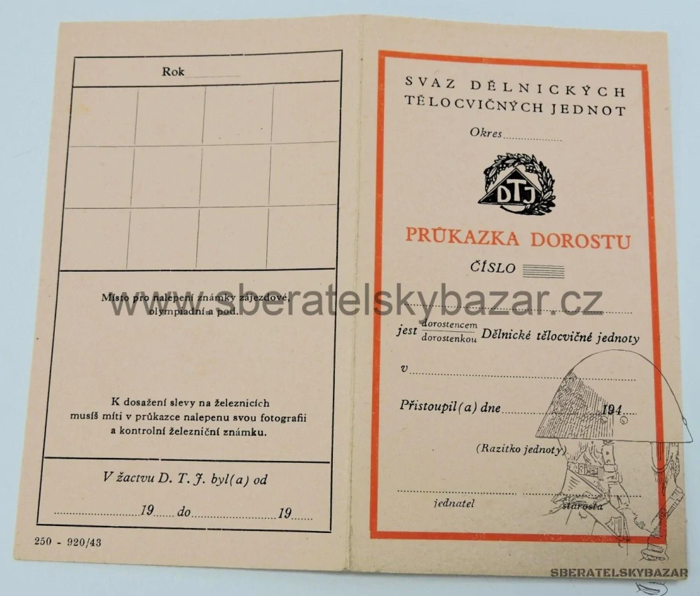 Blanketní průkaz Dělnická tělovýchovná jednota - Protekrorát Čechy a Morava