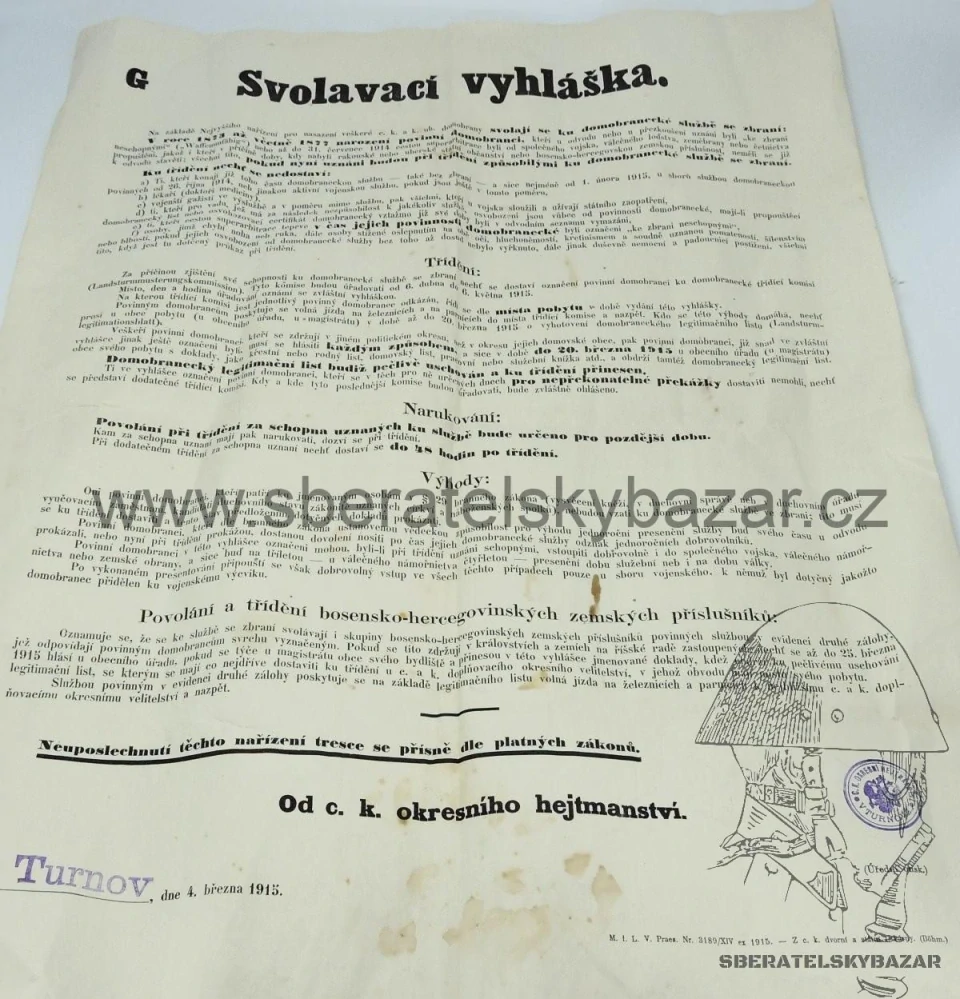 Svolavácí vyhláška vojsko RU 1915 - Turnov - Originál