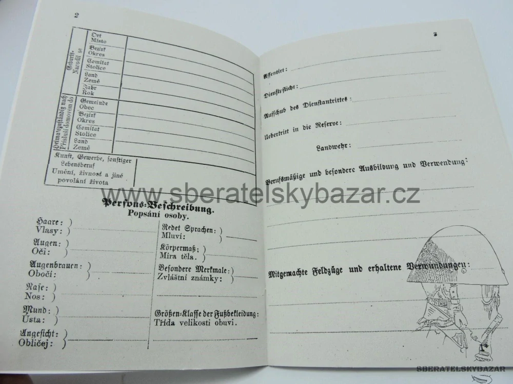 Vojenská knížka Rakousko Uhersko - Blanketní - Reprint (replika)