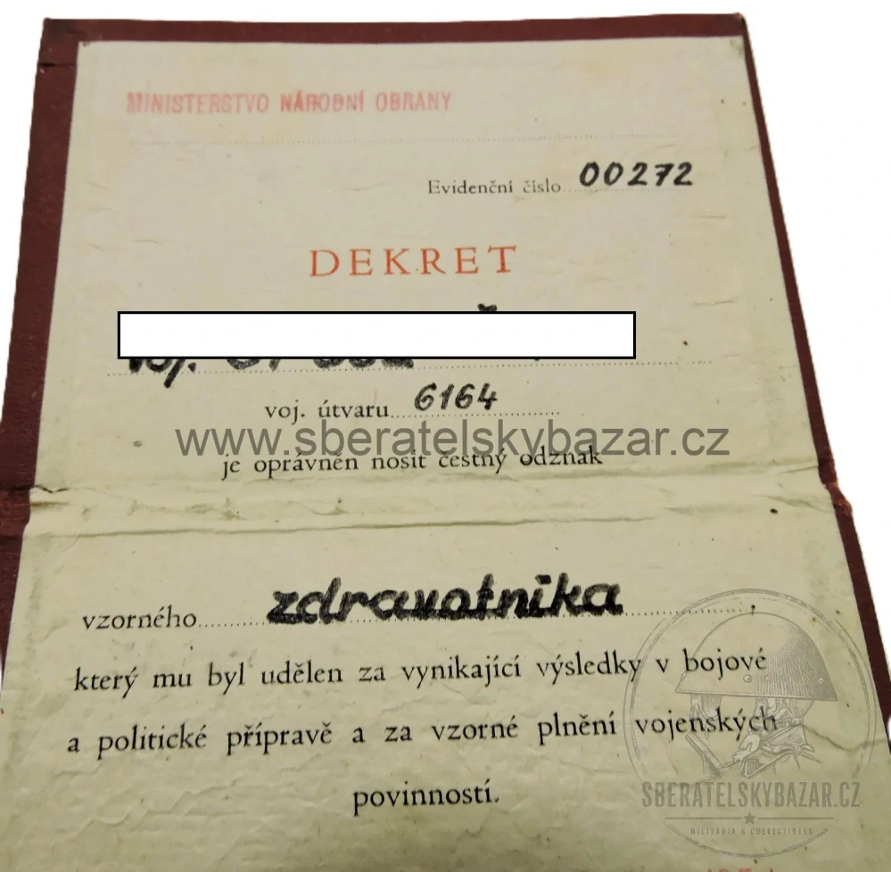 ČSLA – dekret „Vzorný zdravotník“ 1954 