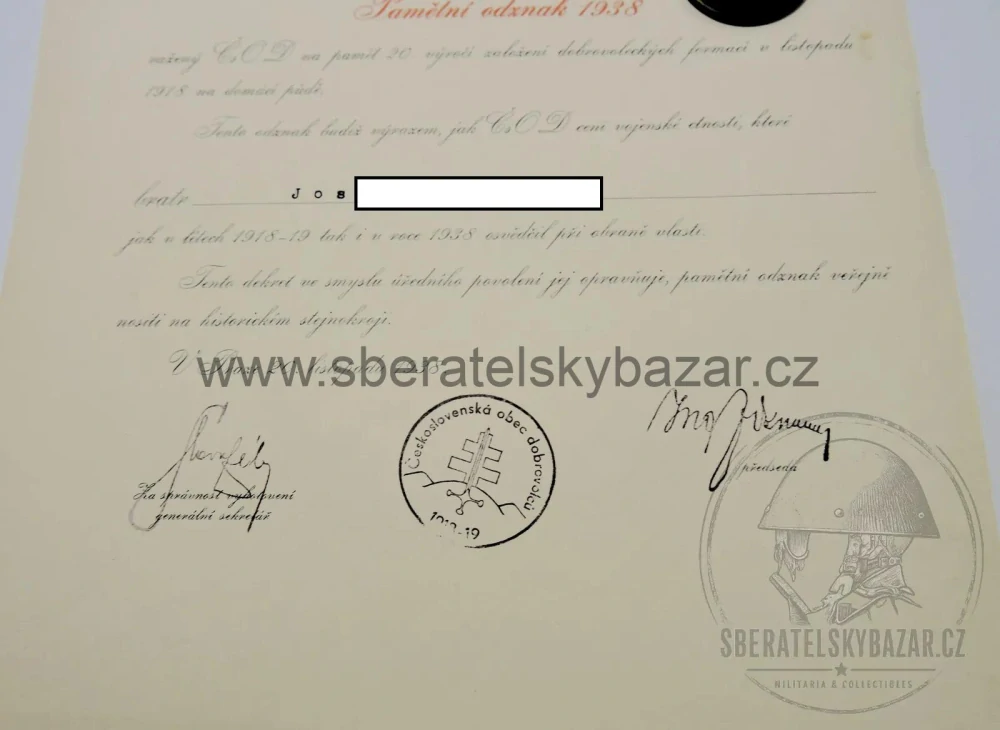 Pamětní odznak 1938 Čs. obce dobrovolců 1918–1919 s původním dekretem