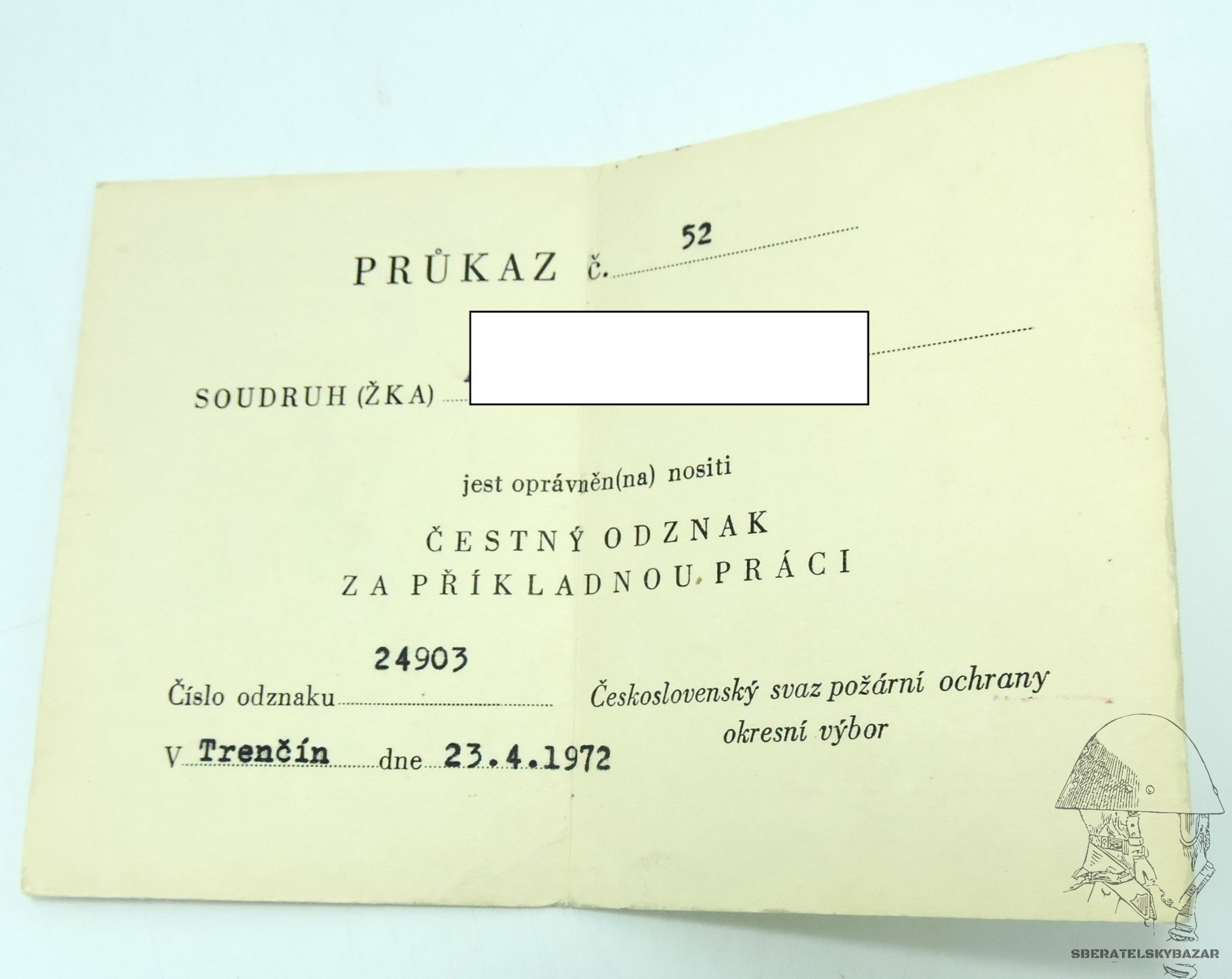 Dekret Čestný odznak za příkladnou práci ČSPO
