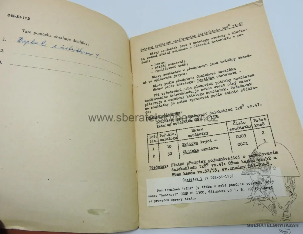 Originál Předpis Katalog součástek pro dalekohled vz 47