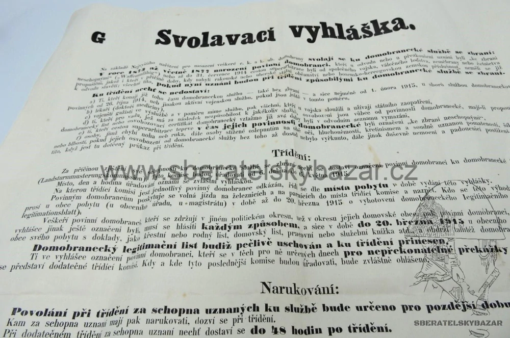 Svolavácí vyhláška vojsko RU 1915 - Turnov - Originál