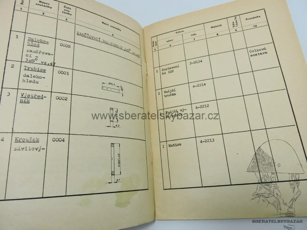 Originál Předpis Katalog součástek pro dalekohled vz 47