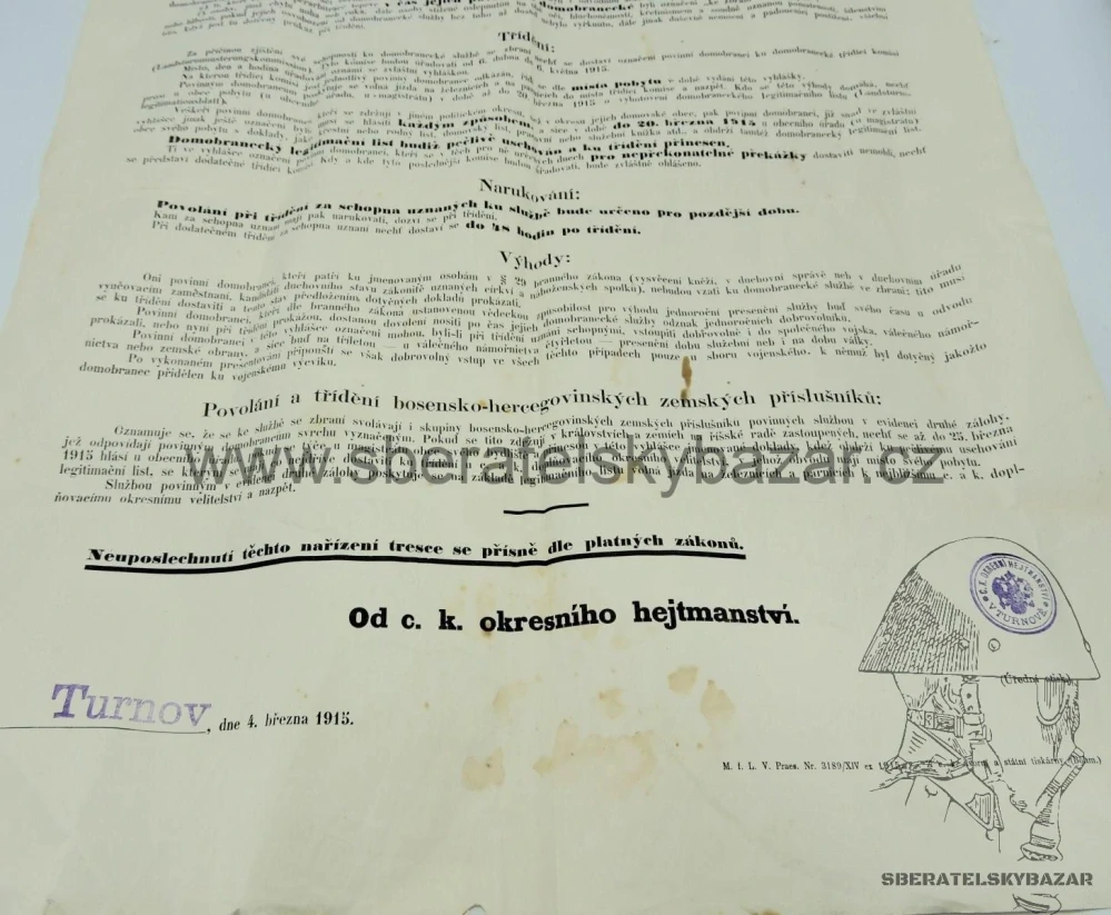 Svolavácí vyhláška vojsko RU 1915 - Turnov - Originál