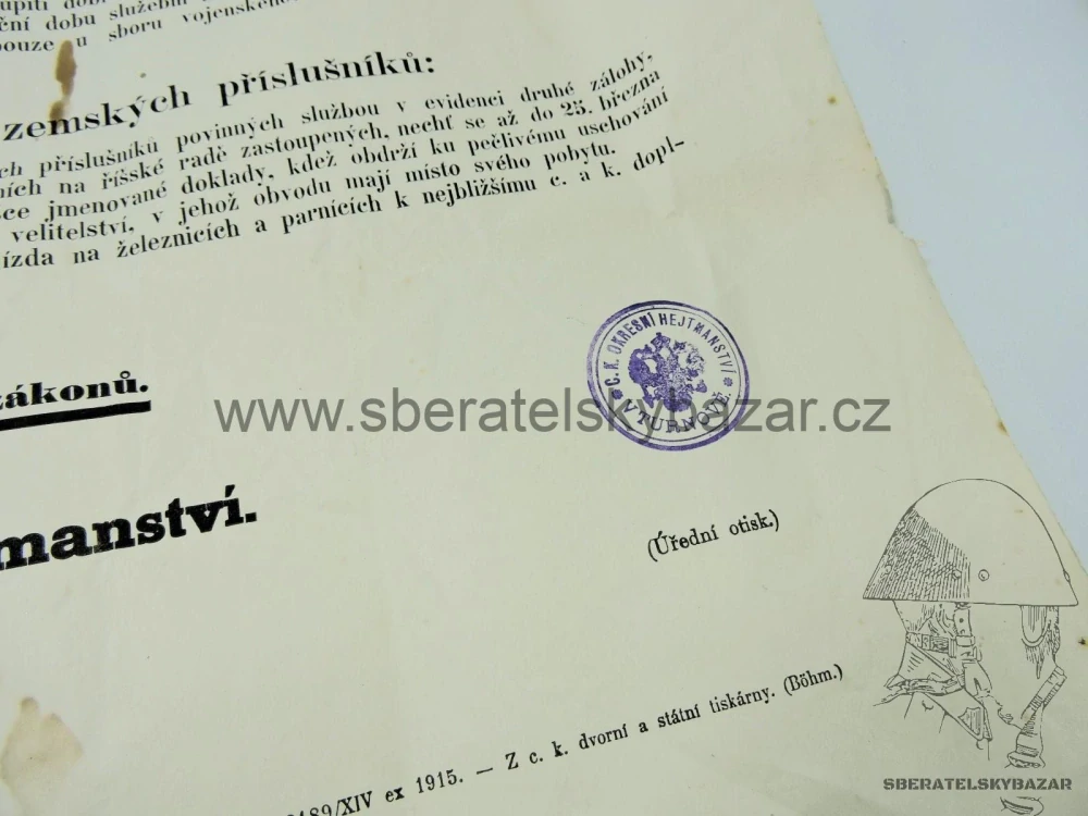 Svolavácí vyhláška vojsko RU 1915 - Turnov - Originál