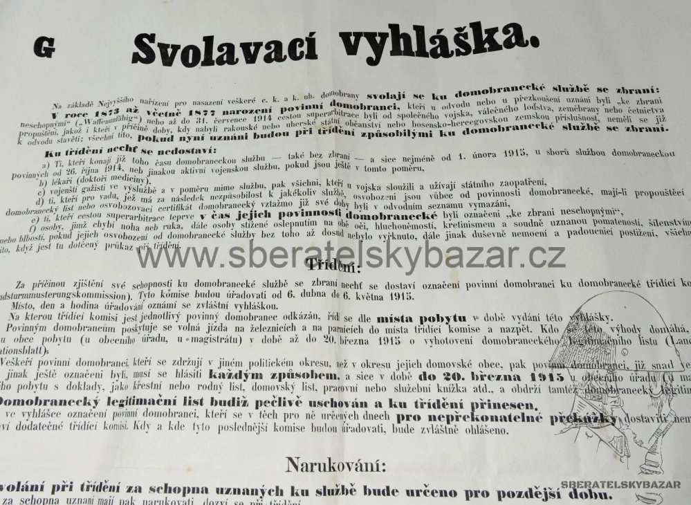 Svolavácí vyhláška vojsko RU 1915 - Turnov - Originál