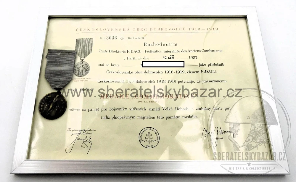 Pamětní medaile FIDAC 1918–1919 s udělovacím dekretem (1937)