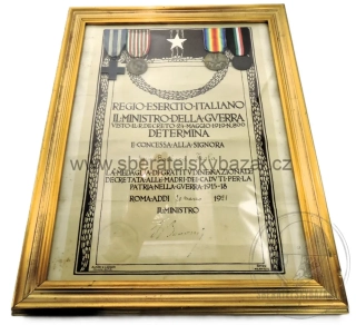 Itálie WWI – pamětní komplet po padlém vojákovi + medaile jeho matky s