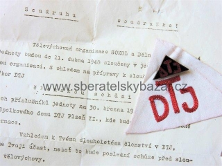 Konvolut - Dopis, Odznak, Výšivka - Dělnická tělocvičná jednota
